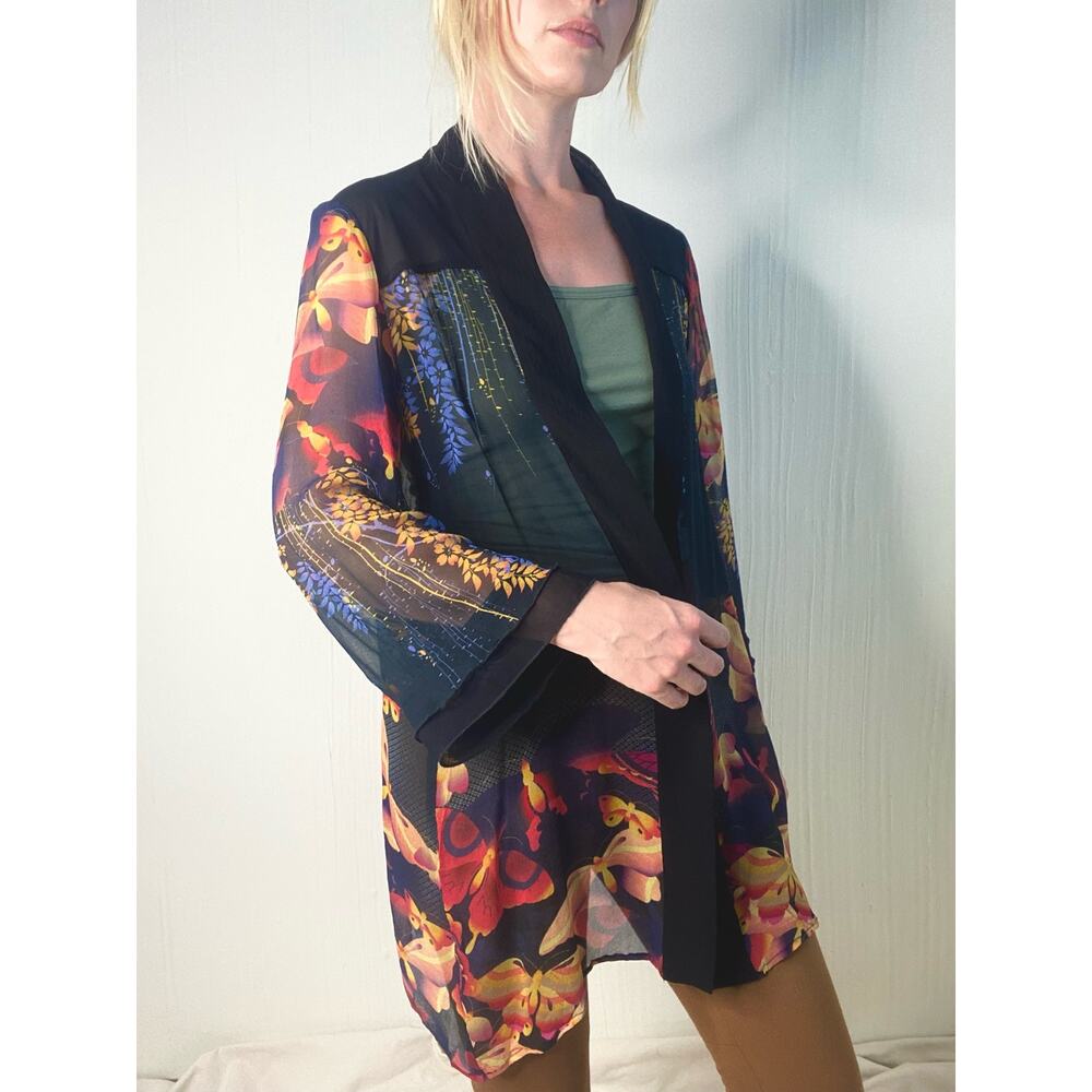 CITRON Black Sheer Silk Kimono Floral Butterflies US MEDIUM - Picture 7 of 15